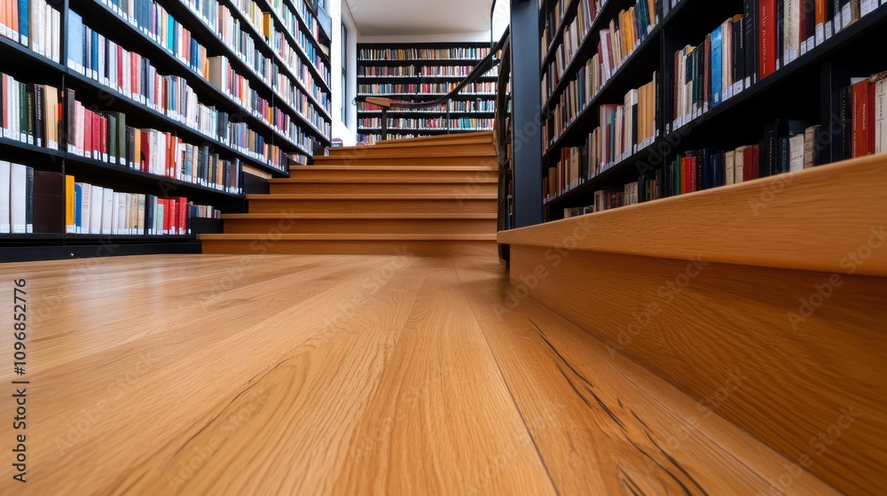A downward perspective of a set of wooden steps in a library lined with bookshelves, offering a unique viewpoint of the expansive book collection enclosing it. A downward perspective of a set of wooden steps in a library lined with bookshelves, offering a unique viewpoint of the expansive book collection enclosing it.