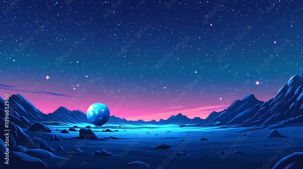 Obraz premium A lone planet with a blue glow in a starry night sky, with a distant nebula in the background. Infinite Starry Patterns. Illustration