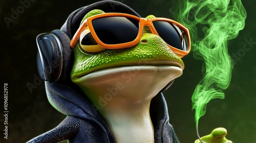 a frog wearing a hoodie and toque and headphones and sunglasses, green smoke from mouth, vibes, cartoony