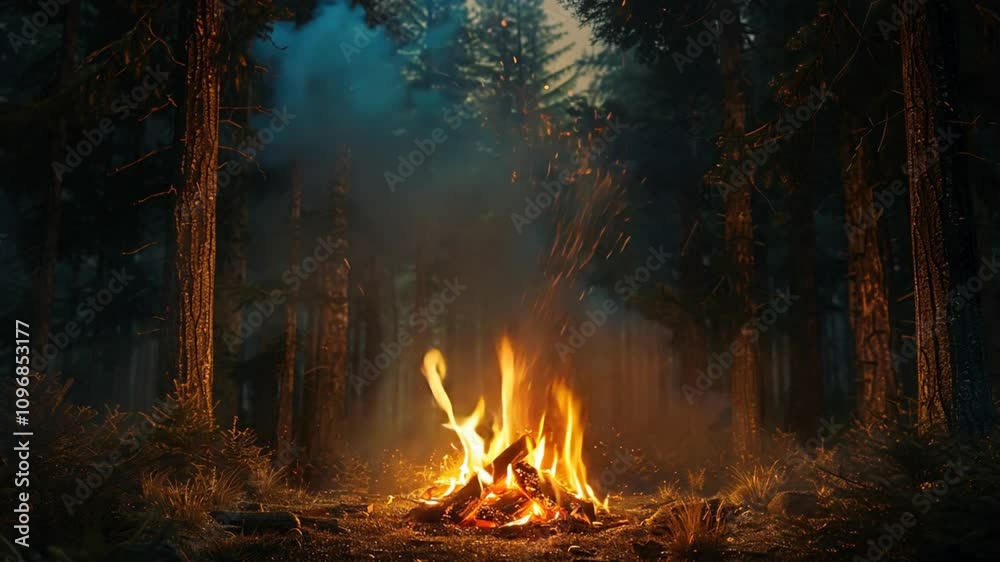 Captivating Campfire Emitting Warm Light in Dark Forest Setting Captivating Campfire Emitting Warm Light in Dark Forest Setting