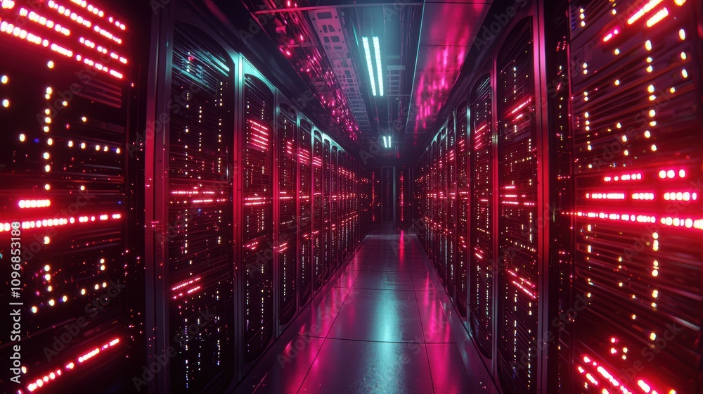 Futuristic Data Center Corridor with Glowing Server Rows and Dynamic Lights Futuristic Data Center Corridor with Glowing Server Rows and Dynamic Lights