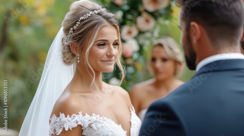 A glowing bride with an intricate updo and a stunning gown stands before the groom, sharing vows in a picturesque outdoor setting, embodying love and commitment. photo