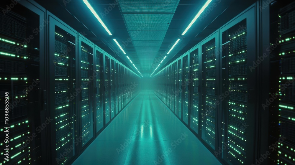 Futuristic Data Center with Pulsating Server Lights in Cinematic Perspective Futuristic Data Center with Pulsating Server Lights in Cinematic Perspective