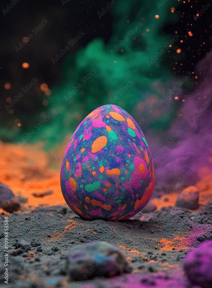 Colorful Abstract Egg Against a Vibrant Background of Smoke and Dust, Ideal for Celebrating Easter, Spring Festivals, or Art-Themed Projects Colorful Abstract Egg Against a Vibrant Background of Smoke and Dust, Ideal for Celebrating Easter, Spring Festivals, or Art-Themed Projects