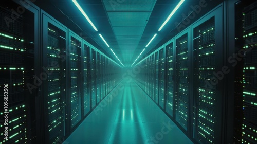 Futuristic Data Center with Pulsating Server Lights in Cinematic Perspective