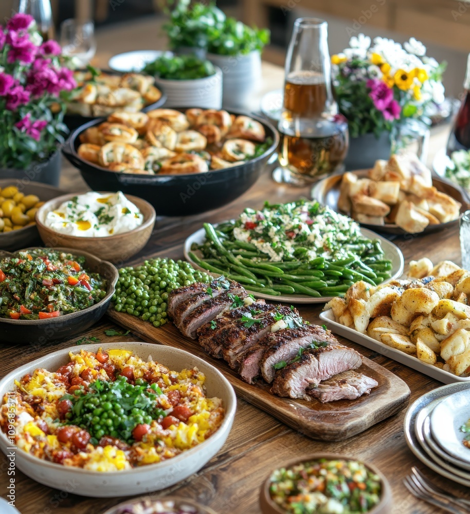 Colorful and Delicious Spread of Gourmet Dishes on a Rustic Wooden Table with Fresh Flowers and Beverages for a Festive Gathering or Celebration Colorful and Delicious Spread of Gourmet Dishes on a Rustic Wooden Table with Fresh Flowers and Beverages for a Festive Gathering or Celebration