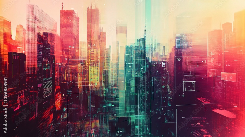Modern Metropolis with Double Exposure Effect in Vibrant Colors Modern Metropolis with Double Exposure Effect in Vibrant Colors