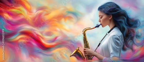 Geometric abstraction, Vorticist avant-garde, a beautiful woman playing saxophone, pulsating cosmic ion storm, jagged bold lines, harsh colours, negative space photo