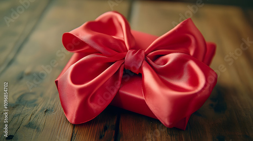 A beautifully wrapped gift with a large satin bow in bright red resting on a wooden table.