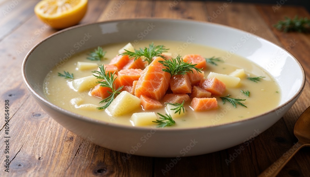 Finnish salmon soup with potatoes and fresh dill on rustic table Finnish salmon soup with potatoes and fresh dill on rustic table