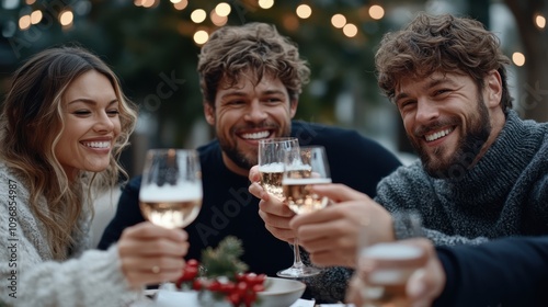 Three friends, two men and a woman, share a cheerful toast with white wine at a festive gathering lit by string lights, symbolizing friendship and celebration.