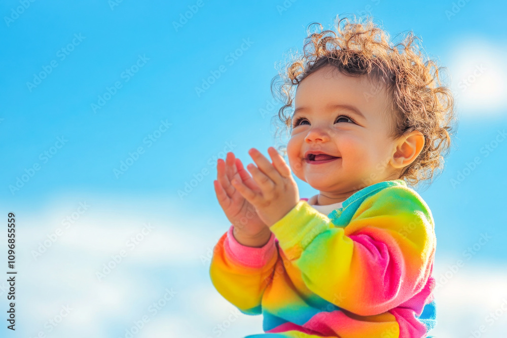 Adorable baby with curly hair smiling and clapping, wearing a colorful rainbow sweater against a bright blue sky background Adorable baby with curly hair smiling and clapping, wearing a colorful rainbow sweater against a bright blue sky background