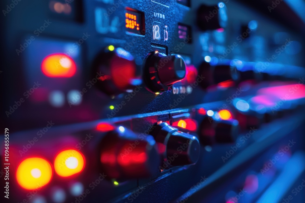 Data Center Technology: Detailed Close-Up of Server Panel with Flashing LEDs for IT Infrastructure