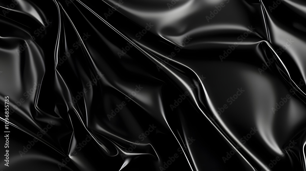 Fototapeta premium A dramatic black crumpled plastic sheet background with high contrast lighting.