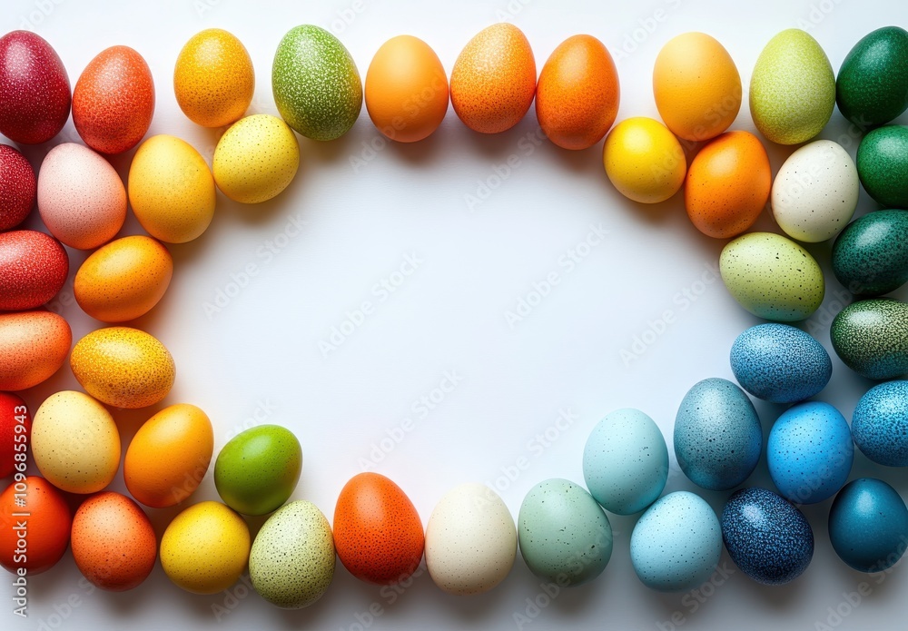 Colorful Easter Eggs Arranged in an Oval Shape on a Bright White Background, Perfect for Spring Celebrations and Festive Decorations Colorful Easter Eggs Arranged in an Oval Shape on a Bright White Background, Perfect for Spring Celebrations and Festive Decorations