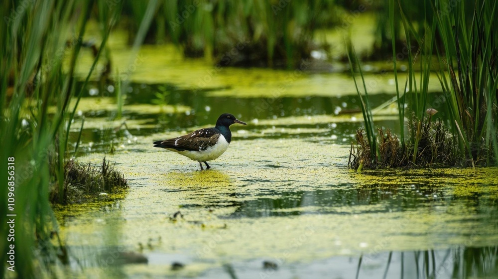 A bird wades through a lush wetland, surrounded by vibrant greenery and calm water, showcasing the beauty of nature. A bird wades through a lush wetland, surrounded by vibrant greenery and calm water, showcasing the beauty of nature.