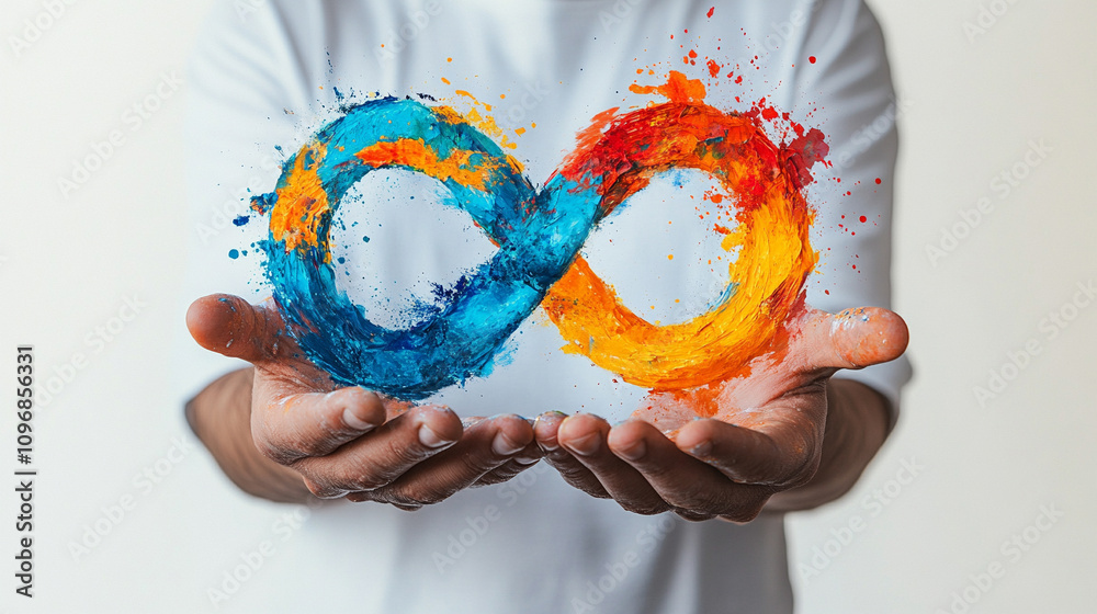 Hands gently holding a vibrant painted infinity symbol representing ...