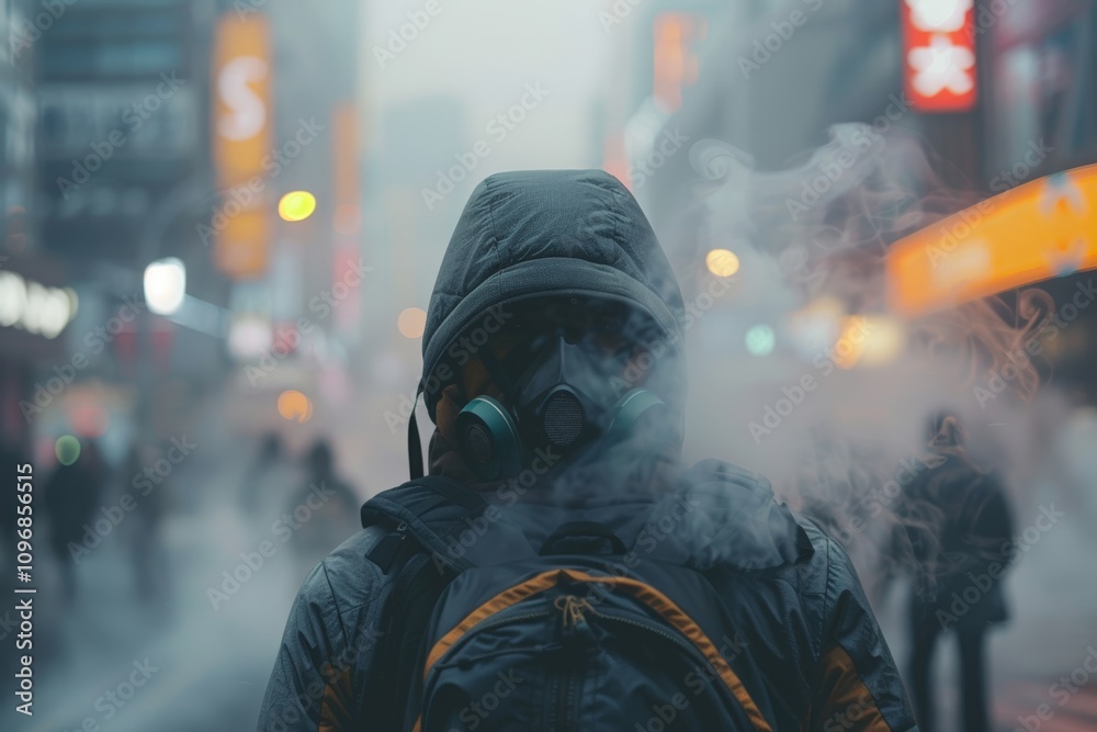 Person wearing hooded jacket and gas mask walking in dense city smog caused by PM 2.5 pollution. Heavy fog fills the urban background, with neon lights faintly visible, futuristic survival theme. Person wearing hooded jacket and gas mask walking in dense city smog caused by PM 2.5 pollution. Heavy fog fills the urban background, with neon lights faintly visible, futuristic survival theme.