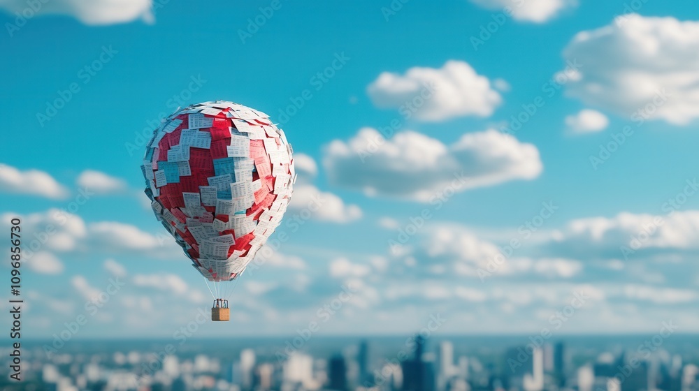Fototapeta premium Colorful hot air balloon floating over a cityscape with clouds.