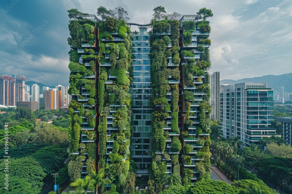 Obraz premium Vertical garden skyscraper blending nature with modern architecture, covered in greenery as part of urban solution for clean air, standing against pollution amidst surrounding buildings.