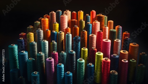 Colorful spools of thread arranged in an artistic display, symbolizing the vibrant colors and textures found within textile fabrics. 