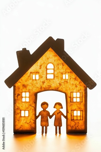 Illuminated house cutout, couple holding hands inside.