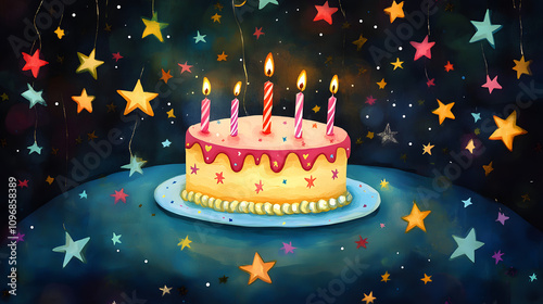 A fun and playful birthday card with a cartoon cake illustration surrounded by candles and stars.