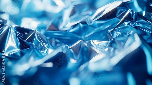 A futuristic crumpled Mylar sheet background with vibrant blue and silver hues reflecting light.