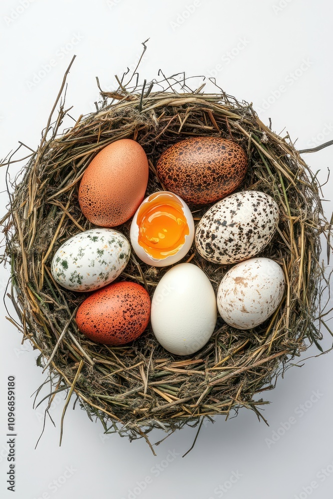 Obraz premium Colorful Variety of Eggs in a Nest Showcasing Natural Beauty and Texture, Perfect for Spring Themes and Easter Celebrations, Symbolizing New Life and Fresh Beginnings