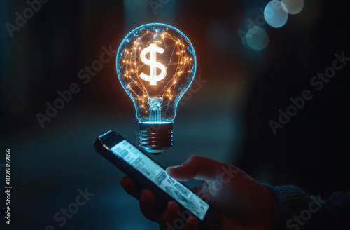 A light bulb with dollar signs inside it, floating above the hand of someone holding up their phone. The background is dark and blurred to emphasize the focus on financial innovation photo