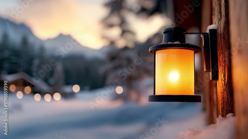 A lantern emits a warm glow against a snowy mountain landscape in the evening, with soft bokeh lighting in the background. The image evokes a cozy winter ambiance. photo