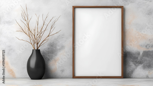 Minimalist White Frame with Dry Twigs in Vase on Shelf