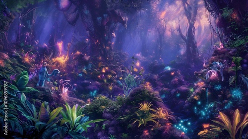 A vibrant photoshop painting of a dense, enchanted forest filled with bioluminescent plants and mythical creatures glowing softly in the twilight. 32k, full ultra hd, high resolution - photo