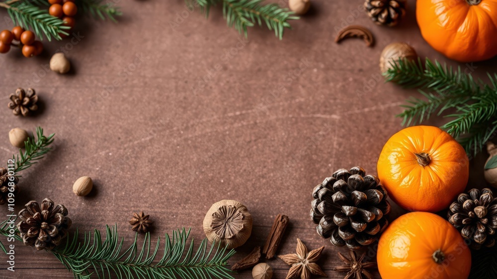 Rustic Autumnal Decor: Pinecones, Oranges, and Evergreens on Brown Background - Perfect for Fall Themed Decorations and Autumnal Wreaths Rustic Autumnal Decor: Pinecones, Oranges, and Evergreens on Brown Background - Perfect for Fall Themed Decorations and Autumnal Wreaths