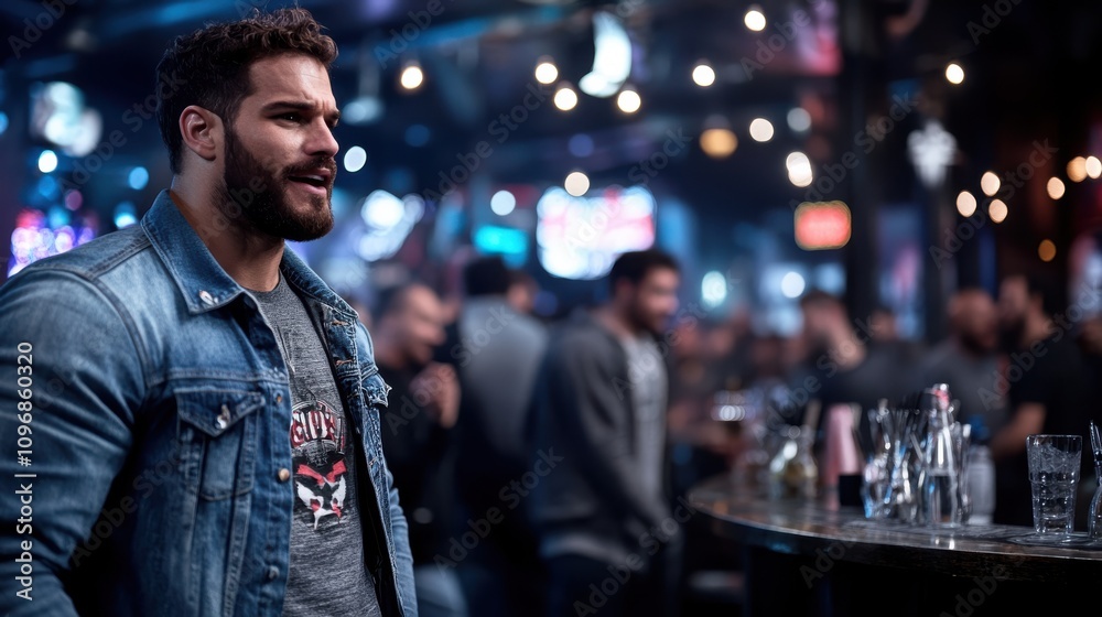The image features a confident man wearing a denim jacket, standing amidst a lively bar atmosphere filled with people, conveying energy and modern nightlife culture. The image features a confident man wearing a denim jacket, standing amidst a lively bar atmosphere filled with people, conveying energy and modern nightlife culture.