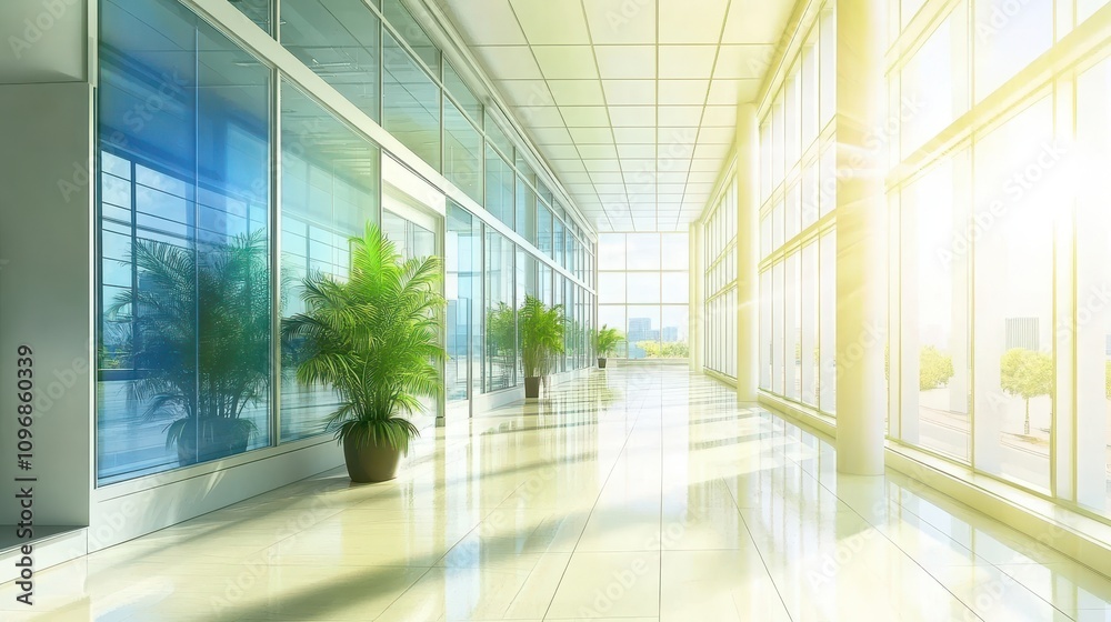 Sunlit modern office hallway with glass walls and potted plants. Sunlit modern office hallway with glass walls and potted plants.