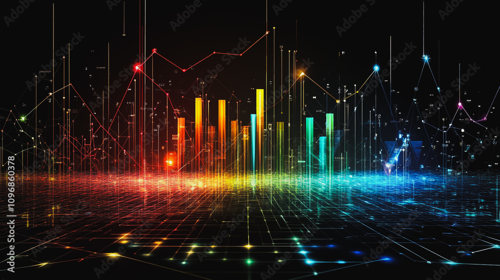 Abstract black background with Colorful charts and graphs with statistics to innovative analyze business potential and forecast future development of companies growth. Abstract black background with Colorful charts and graphs with statistics to innovative analyze business potential and forecast future development of companies growth.