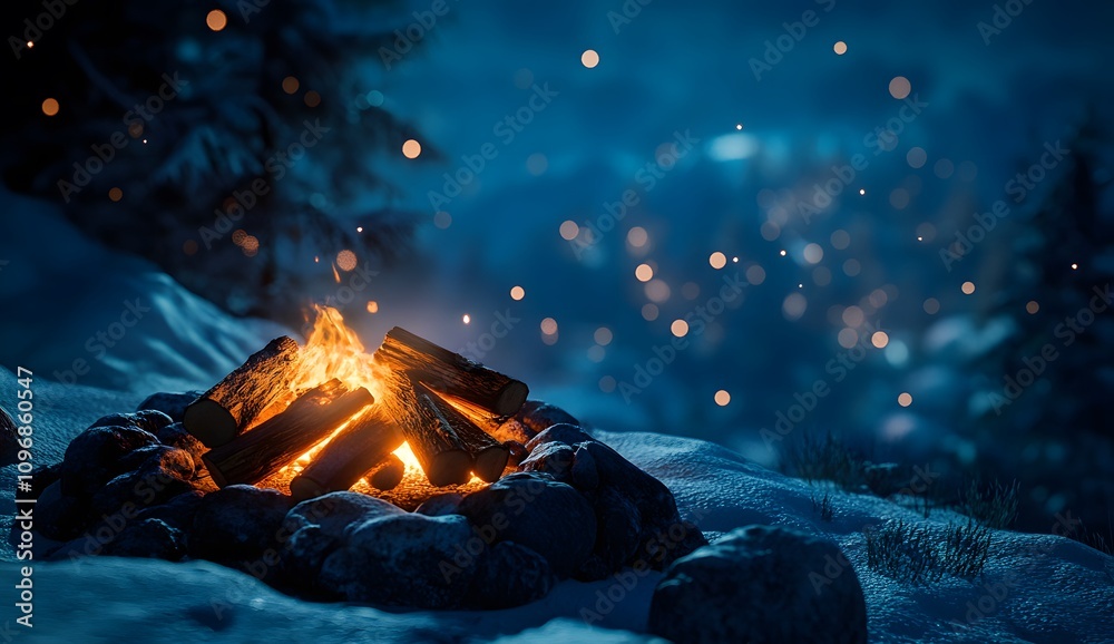 Obraz premium Close-up of a campfire with wooden firewood in the snow at night, with a cold blue light, photorealistic, cinematic.