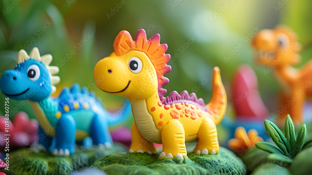 Obraz premium A kids birthday card with cartoon dinosaurs a jungle theme and bright happy colors.