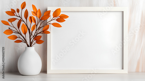 Minimalist White Frame with Dry Twigs in Vase on Shelf
