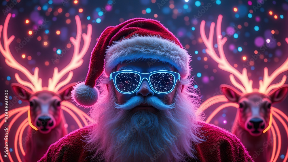Fototapeta premium Christmas Miracle Journey. A festive Santa with glowing sunglasses stands between two illuminated reindeer, surrounded by colorful lights, creating a vibrant holiday atmosphere.