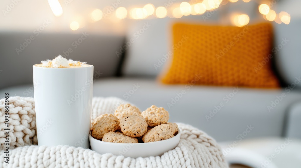 A festive and warm setting with a hot drink topped with marshmallows and delicious cookies against a soft glow of string lights and an orange cushion backdrop. A festive and warm setting with a hot drink topped with marshmallows and delicious cookies against a soft glow of string lights and an orange cushion backdrop.