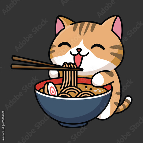 Cat T-Shirt Design, Cat eaten Noodles with Chopsticks
