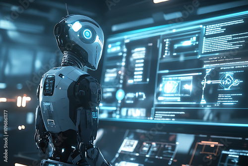 A futuristic AI-driven robot working in a high-tech lab, surrounded by glowing data interfaces, representing cutting-edge deep tech innovation. 