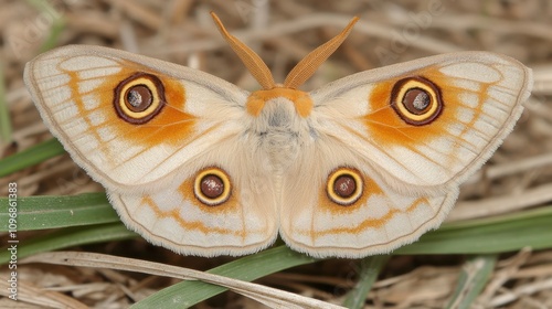 Close-up of a cream-colored moth with distinctive orange and black eye spots on its wings, resting on grass. photo