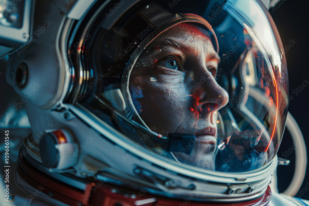 Close up of woman in astronaut suit with helmet Close up of woman in astronaut suit with helmet