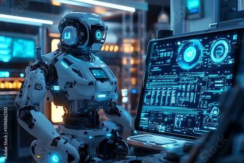 A futuristic AI-driven robot working in a high-tech lab, surrounded by glowing data interfaces, representing cutting-edge deep tech innovation. 