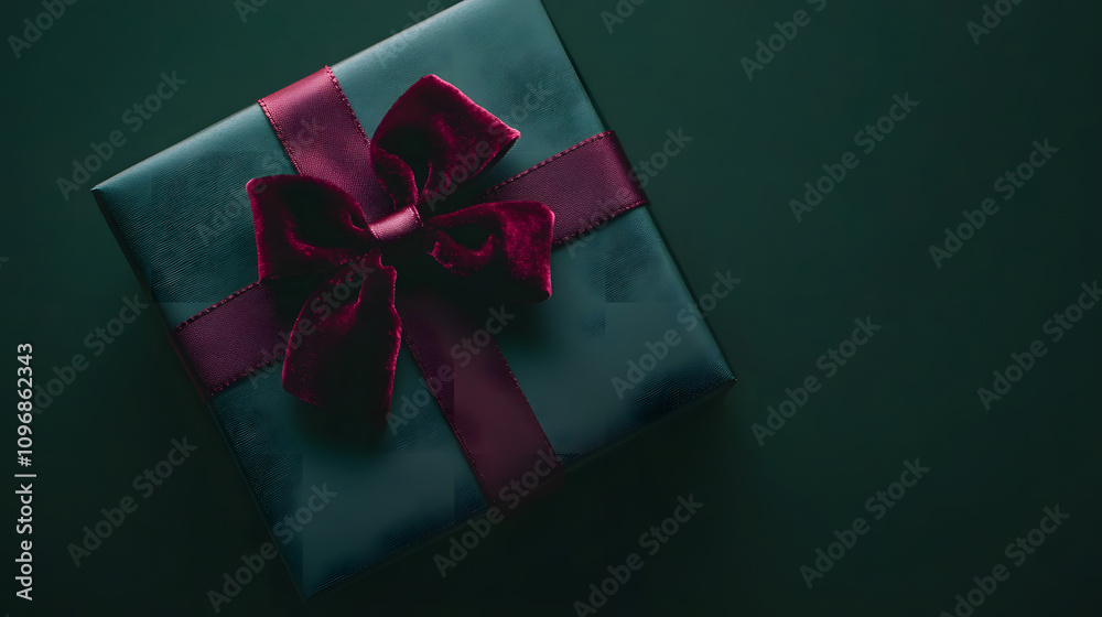 A luxurious gift box wrapped in dark emerald paper and adorned with a velvet burgundy bow. A luxurious gift box wrapped in dark emerald paper and adorned with a velvet burgundy bow.