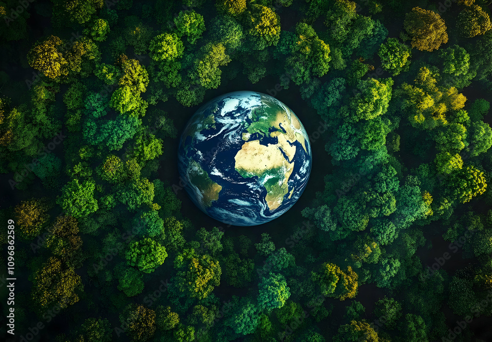Aerial View of Earth Surrounded by Lush Green Forest Canopy