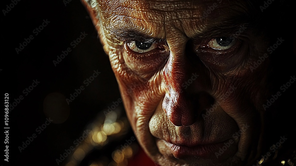 an evil man who is behind all evil things in the earth is standing in the dark but can see his face slightly. 